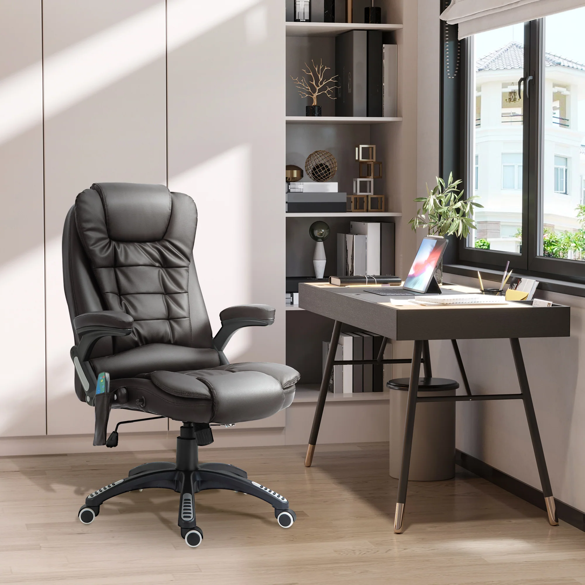 Silla de oficina ejecutiva con masaje y calefacción, sillón de oficina de cuero PU con respaldo alto, marrón