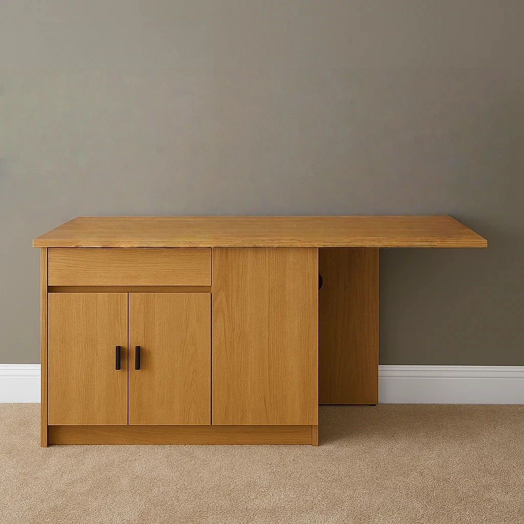 Isla cocina,forma rectangular,de madera MDF,color roble,con armario,cajón y ala extensible,140x80x75 cm,uso doméstico - z9GEbPzRFuHe