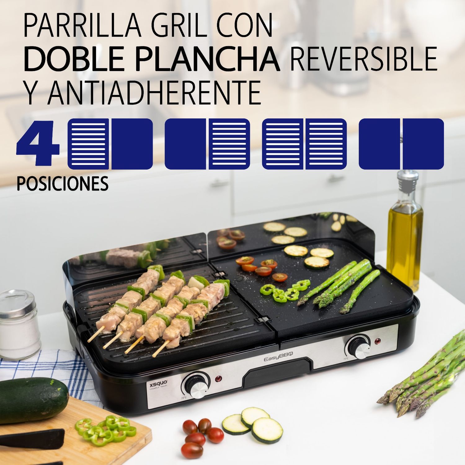 Easy Bbq Parrila Grill, Teppanyaki. Dos Zonas De Cocinado Independientes Conmbinan Pariila Y Plancha, Dos Placas De Aluminio Reversibles Y Antiadherentes Con Dos Termostatos Con Hasta 270º.