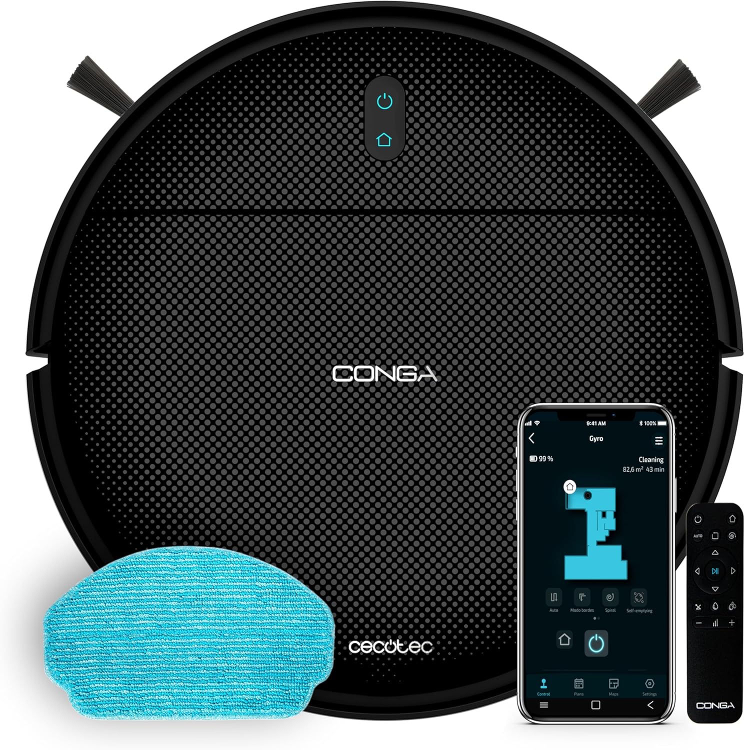 Aspirador Robot Cecotec con Navegación Giroscópica Conga 999 Map X-Treme. Motor de Succión 2000Pa, 2 Cepillos Laterales, 2 Fregonas, Autonomía 120 minutos, Control por App y Mando a Distancia