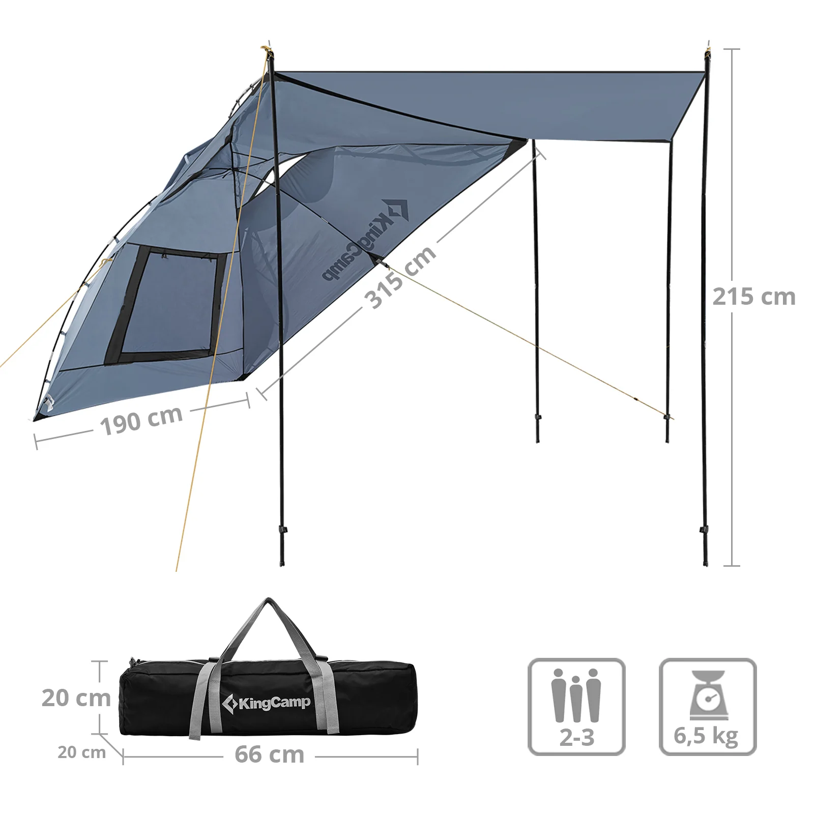 2025 KingCamp Compass Plus – Pabellón multifuncional para vehículos con protección visual impermeable y cortaviento, 4 postes de soporte, uso versátil y transporte compacto