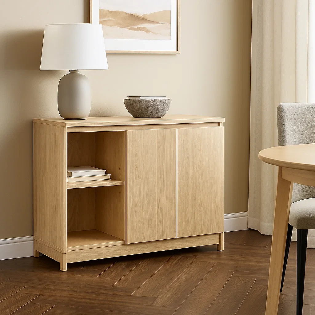 Isla cocina rectangular,con estantes y puertas de madera MDF,color roble claro,instalación independiente,80x40x75 cm,uso doméstico. - 1WTsMCe2Hlg1