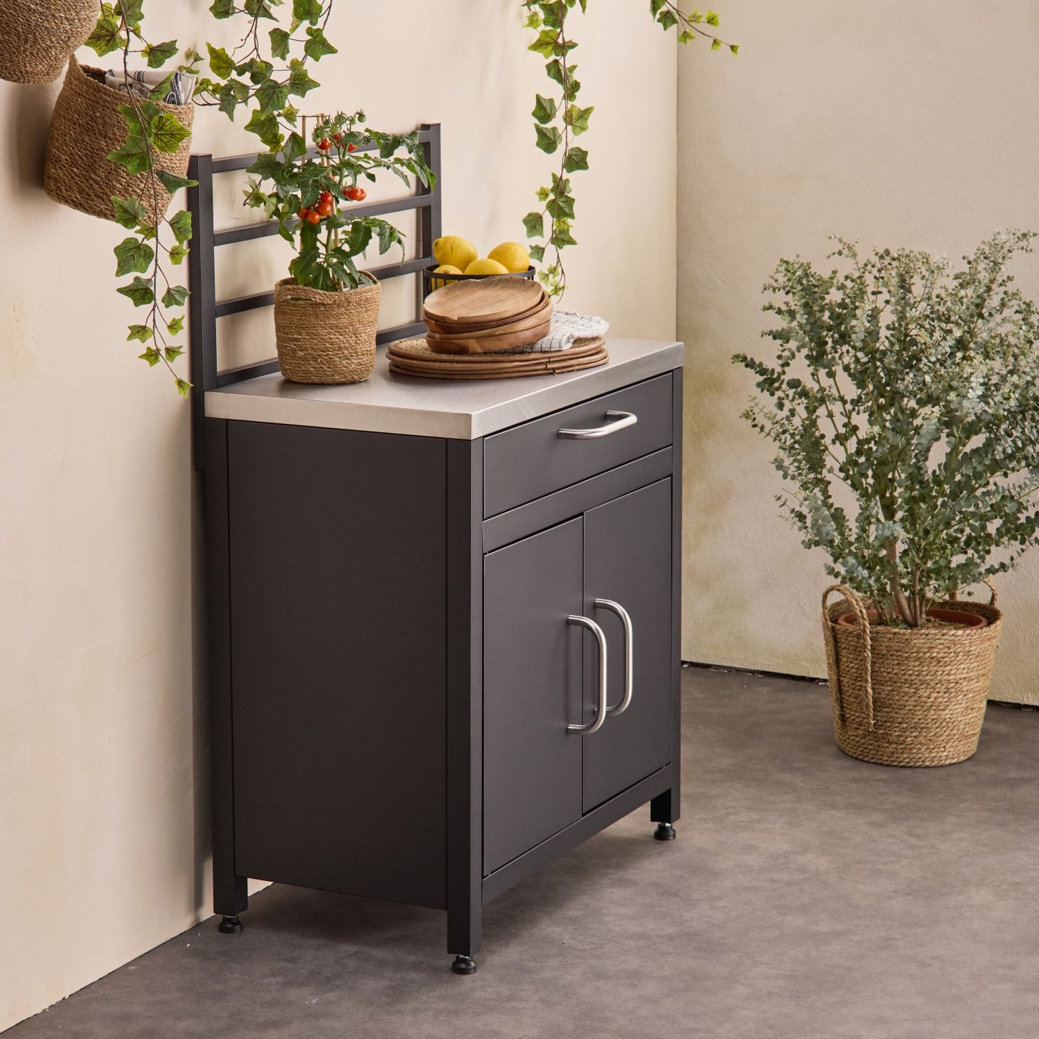 Cocina Exterior De Acero 1 Cajón Y 2 Puertas, 80cm, Negro