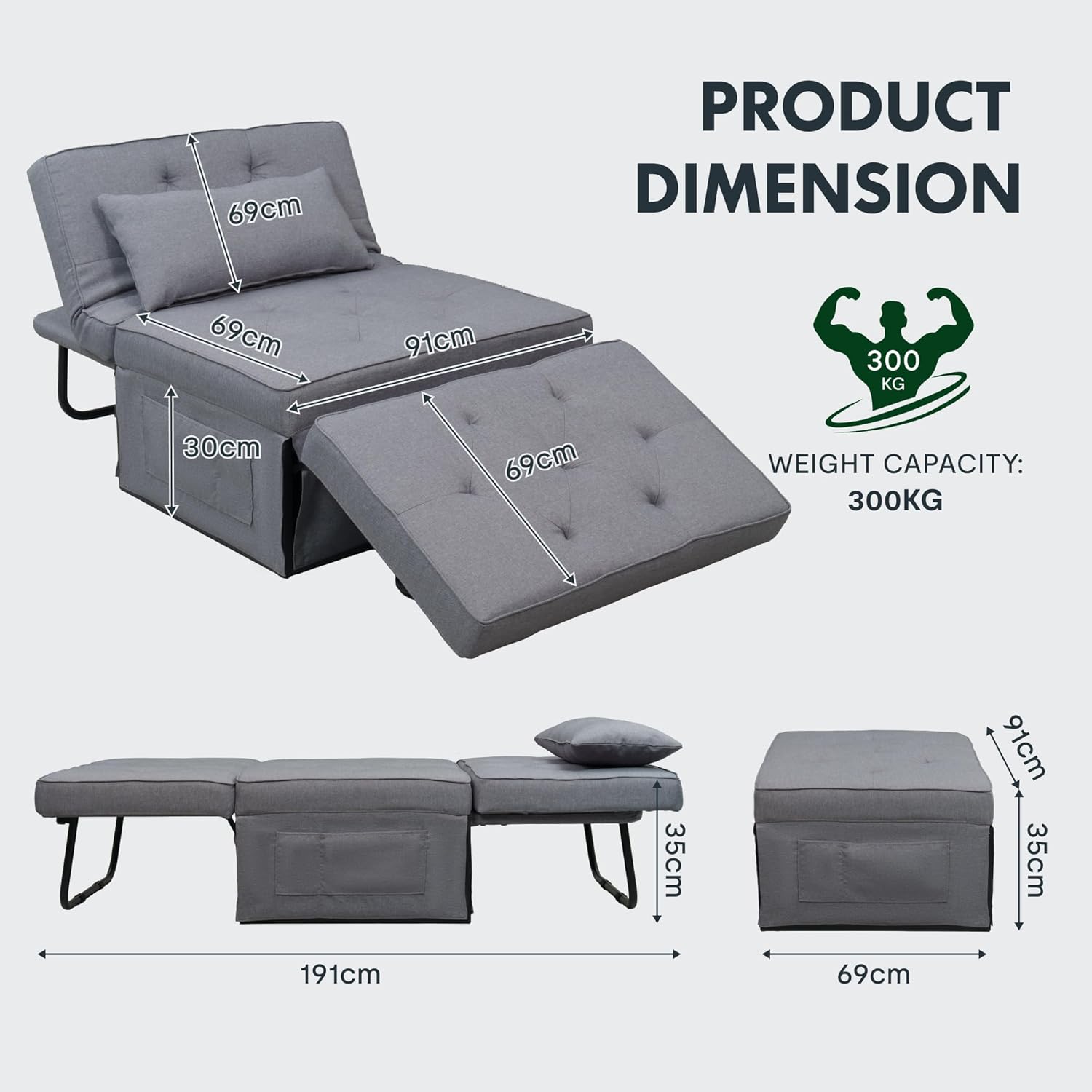 FLEXISPOT Sofa Bed Extendable Folding Sleeping Chair with Bed Function, Chair Beds with Function, Convertible Bed Chair, Load Capacity 300 kg, Grey