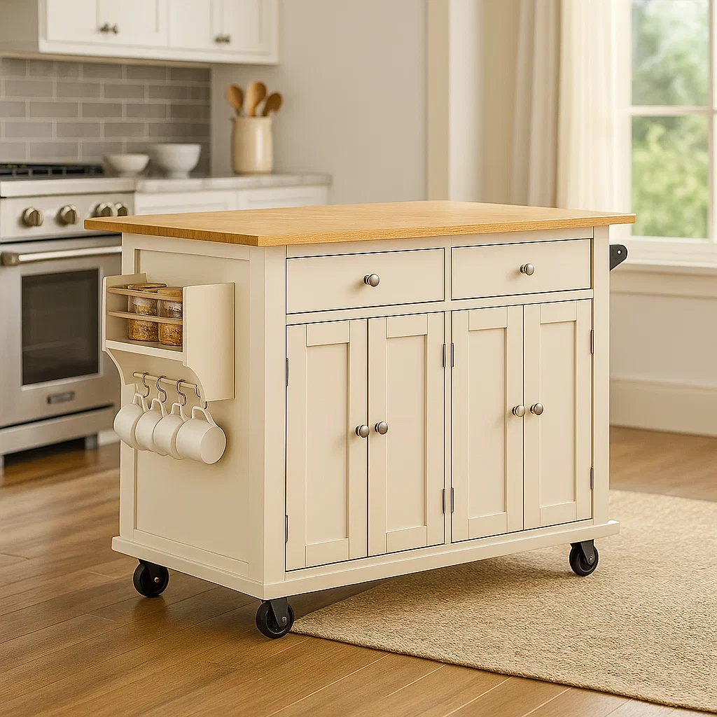 Isla cocina,rectangular,con armario doble y dos cajones,de madera MDF,color crema,con ruedas y ganchos laterales,115x48x91 cm,para cocina multifuncional - rv025WbmBGOb