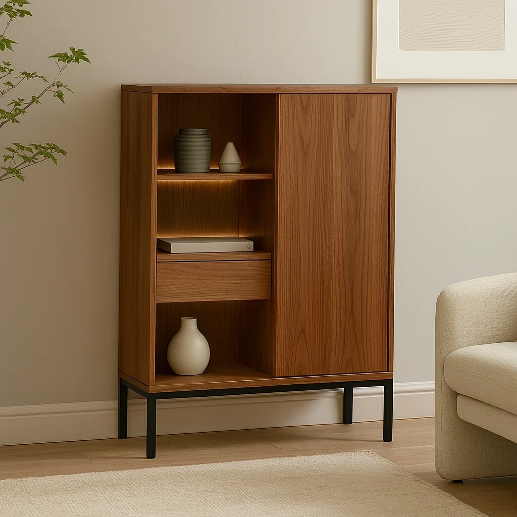 Vitrina,con puerta opaca y estantes abiertos,tablero MDF y estructura metálica,color madera natural,instalación de pie,para salón u oficina,80x35x110 cm - 76ftaMkOgL1k