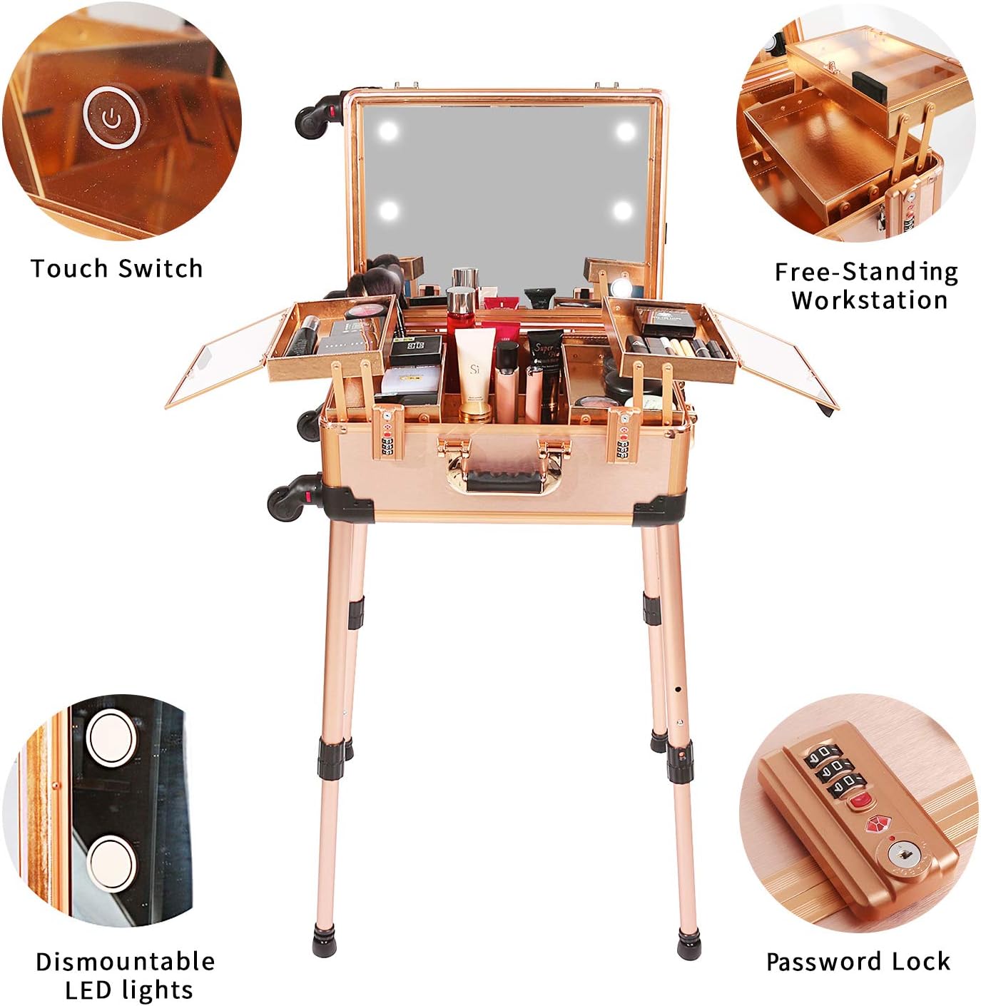 Maletín mediano para maquillaje con cerradura de código, espejo iluminado, altavoz, organizador de cosméticos de viaje, trolley profesional para artistas, estuche independiente para estudio