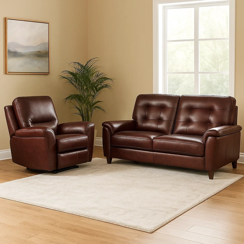 Conjunto sofás sillón reclinable y sofá 2 plazas estructura de madera relleno de espuma revestimiento de piel sintética color marrón para sala de estar,sofá 2 plazas 160x85x90 cm,sillón 85x85x90 cm - RPAGNyTHmNGA