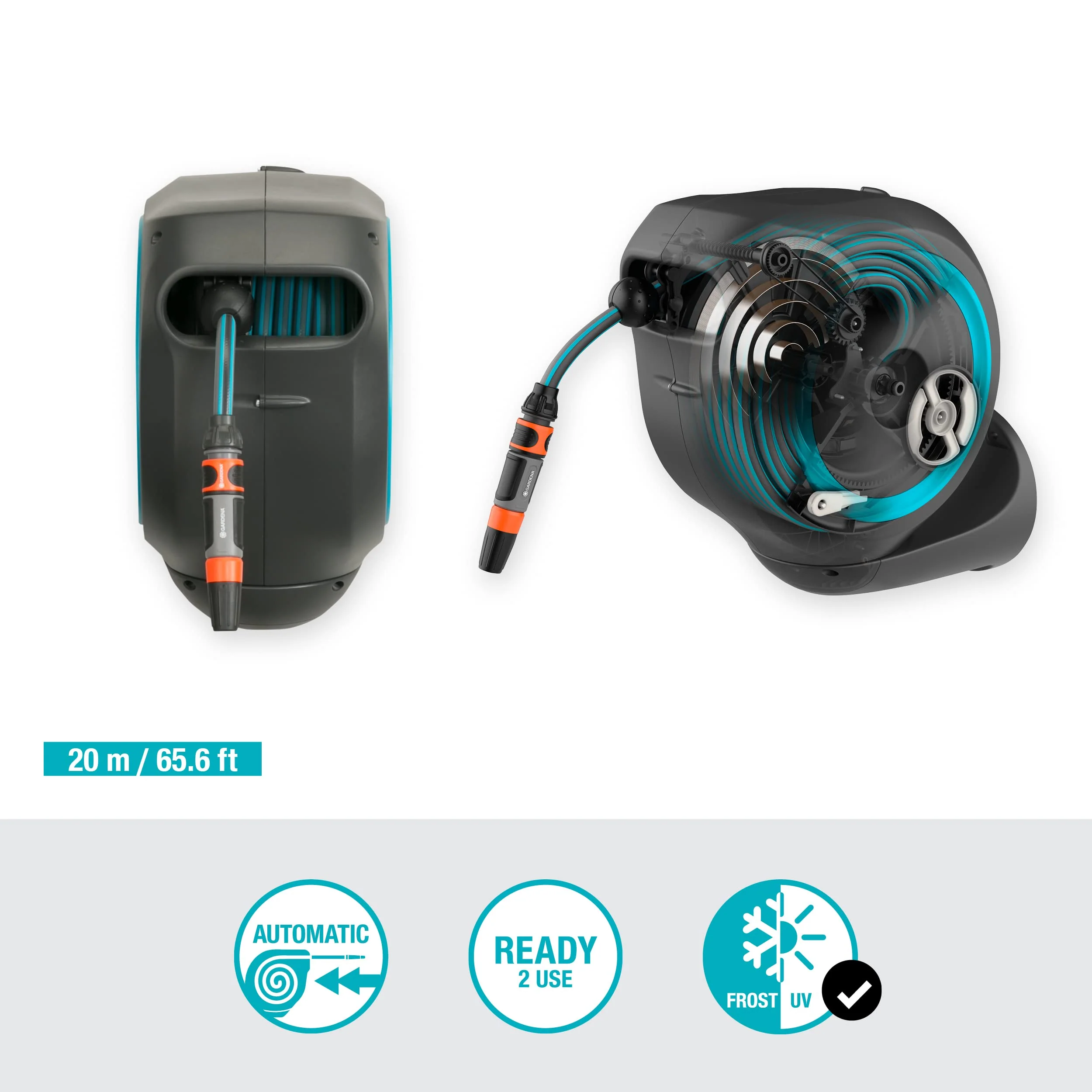 2025 Caja para Manguera de Pared Gardena RollUp M (Turquesa) 20 m: Riego Flexible para Jardines Medianos, Tambor Giratorio, con Soporte de Pared, Accesorios del Sistema y Pulverizador, Manguera de 20 m Incluida (18610-20)