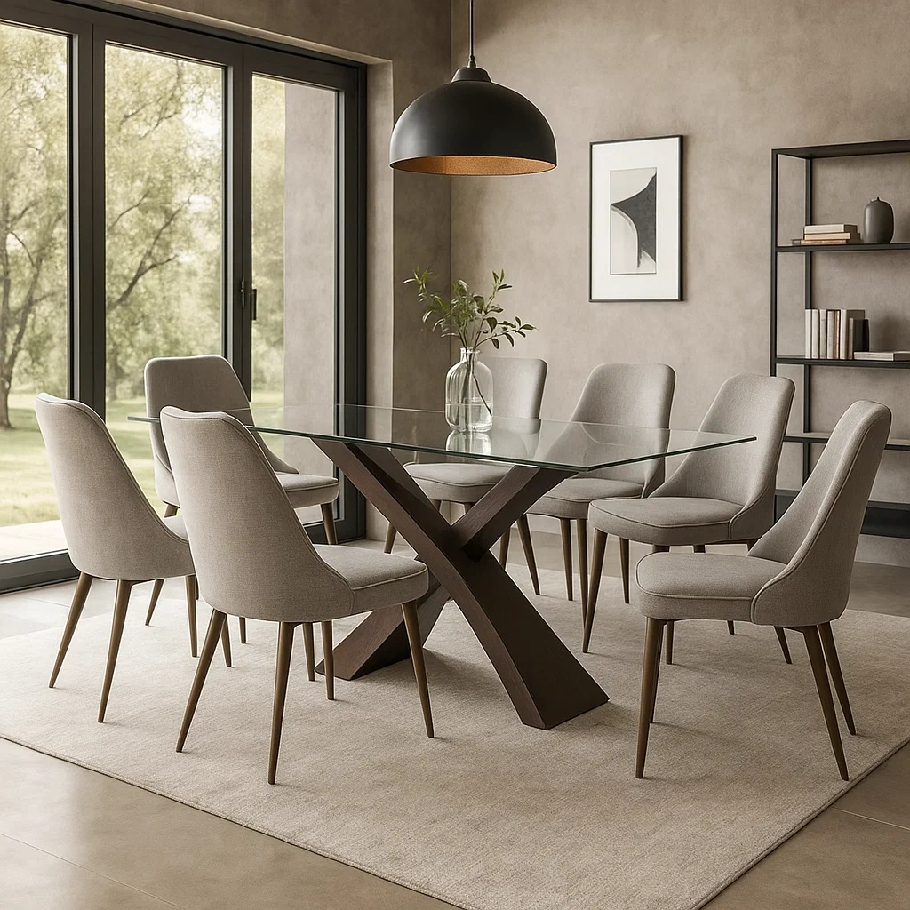 Conjuntos de comedor,7 plazas,madera y vidrio templado,beige,rectangular,fijo,180x90x75 cm mesa,45x55x85 cm silla,interior - f6gIf2Kdo8j1